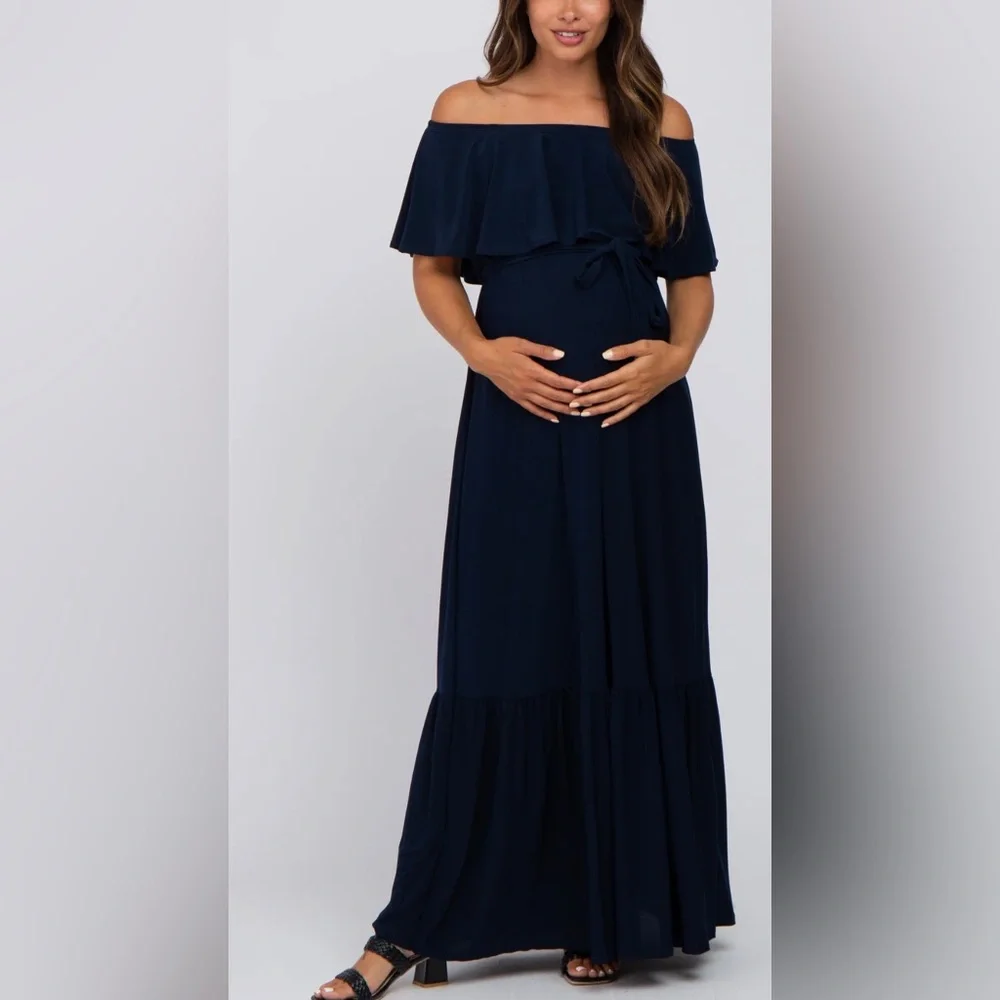 Navy off the shoulder maternity dress, medium - Picture 1 of 2